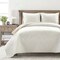 White-Beige Cotton Reversible Quilt Set with Embroidered Fern Leaf Design
